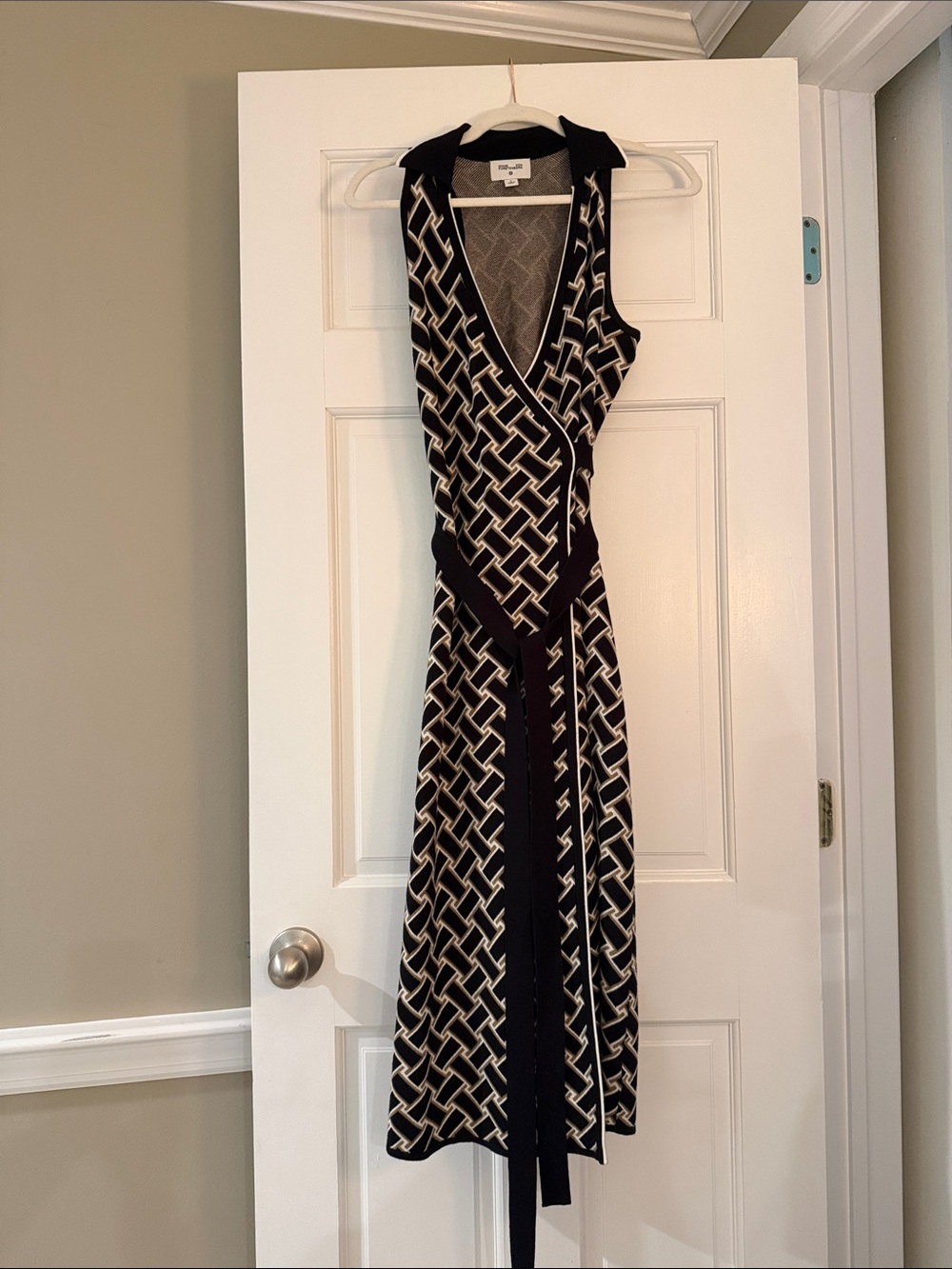 Diane Von Furstenberg Black and Cream Geometric Wrap Midi Dress